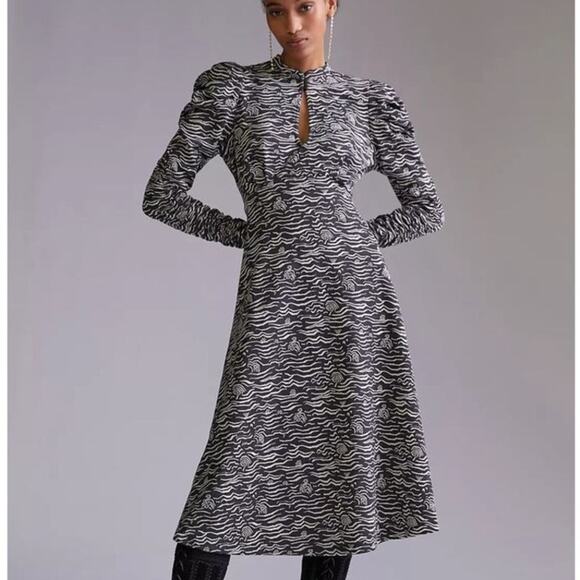 Anthropologie Puff-Long Sleeved Jacquard Printed Midi Dress w Pockets - Picture 1 of 16